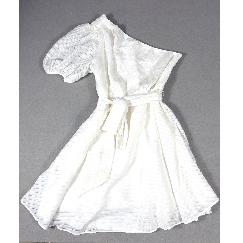 Nine West Womens White One Shoulder Puff Sleeve Belted Mini Dress Large